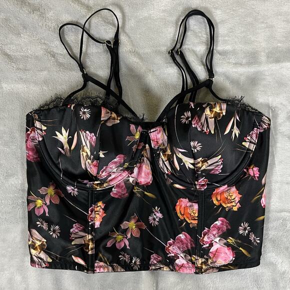 Victoria's Secret Other - Victorias Secret Very Sexy Black Floral Satin Bustier Corset Top 32D Zipper NWT